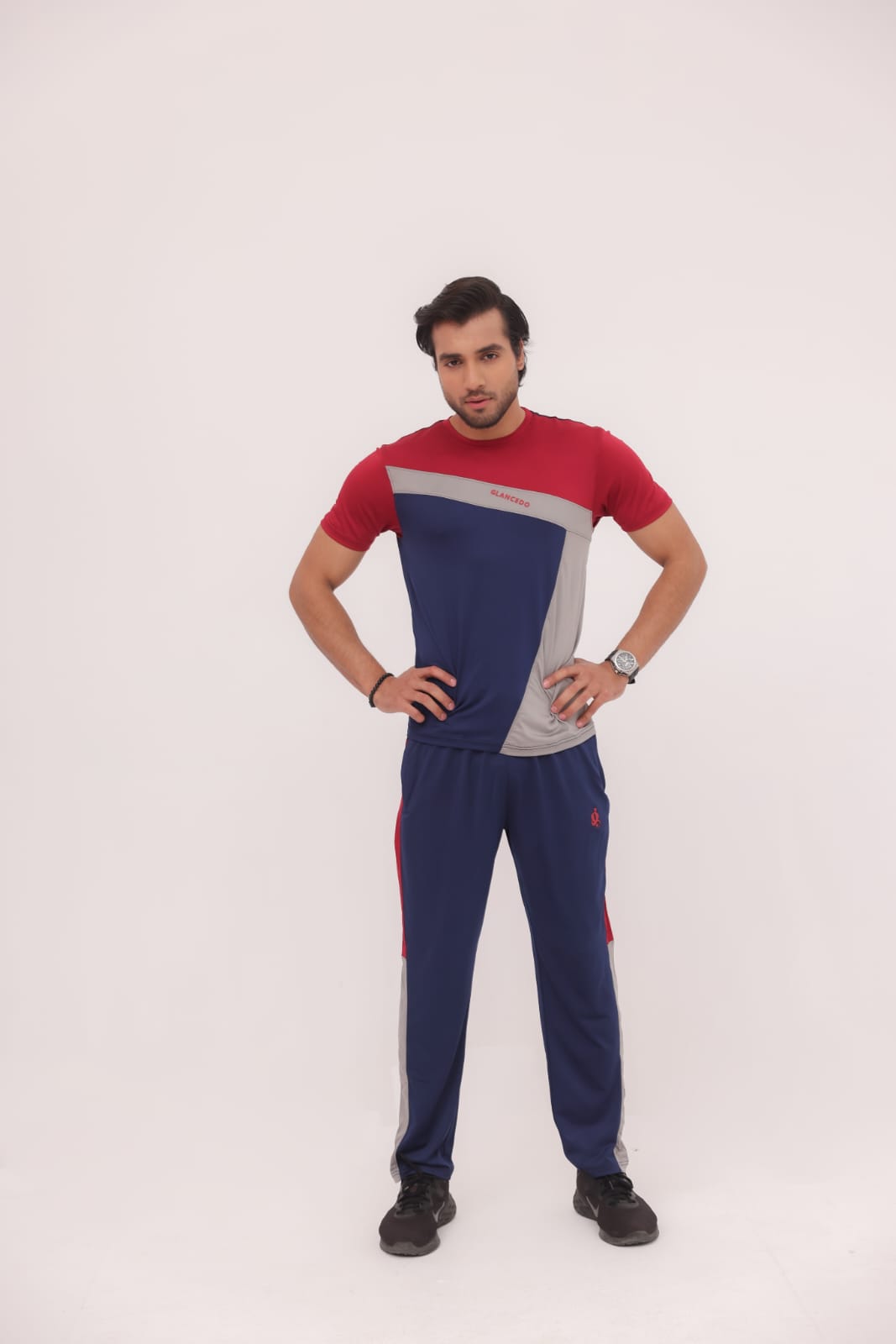 GL-10017 Maroon Grey Blue Stretchable Drifit Tracksuit