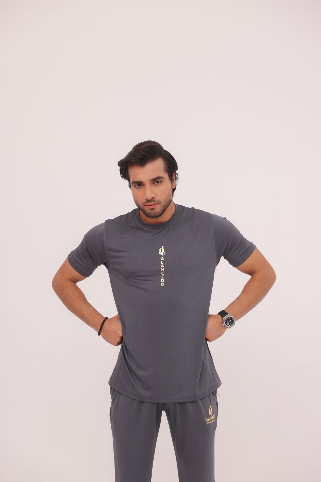 GL-1006 Golden+Grey Stretchable Dri fit Tracksuit