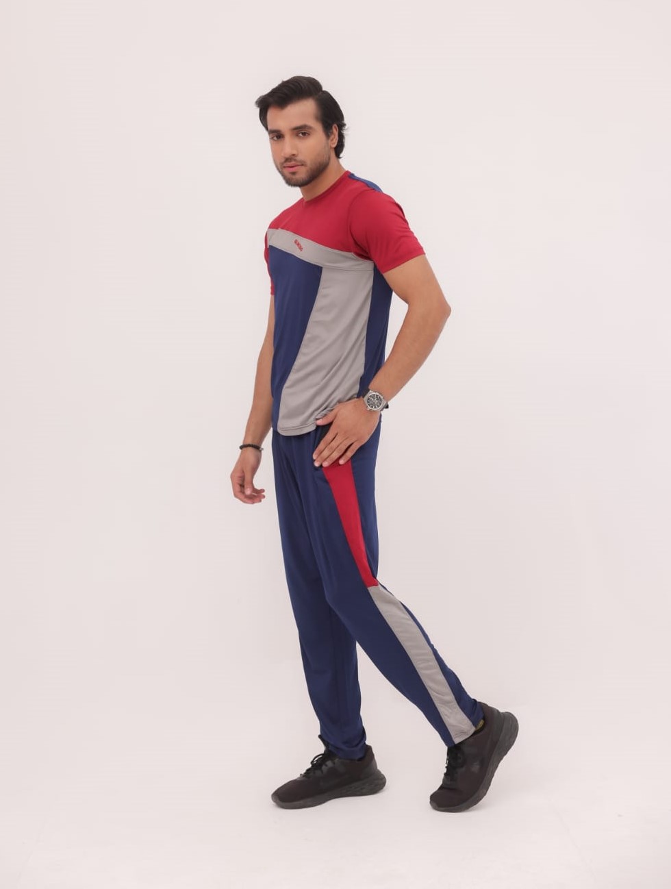 GL-10017 Maroon Grey Blue Stretchable Drifit Tracksuit