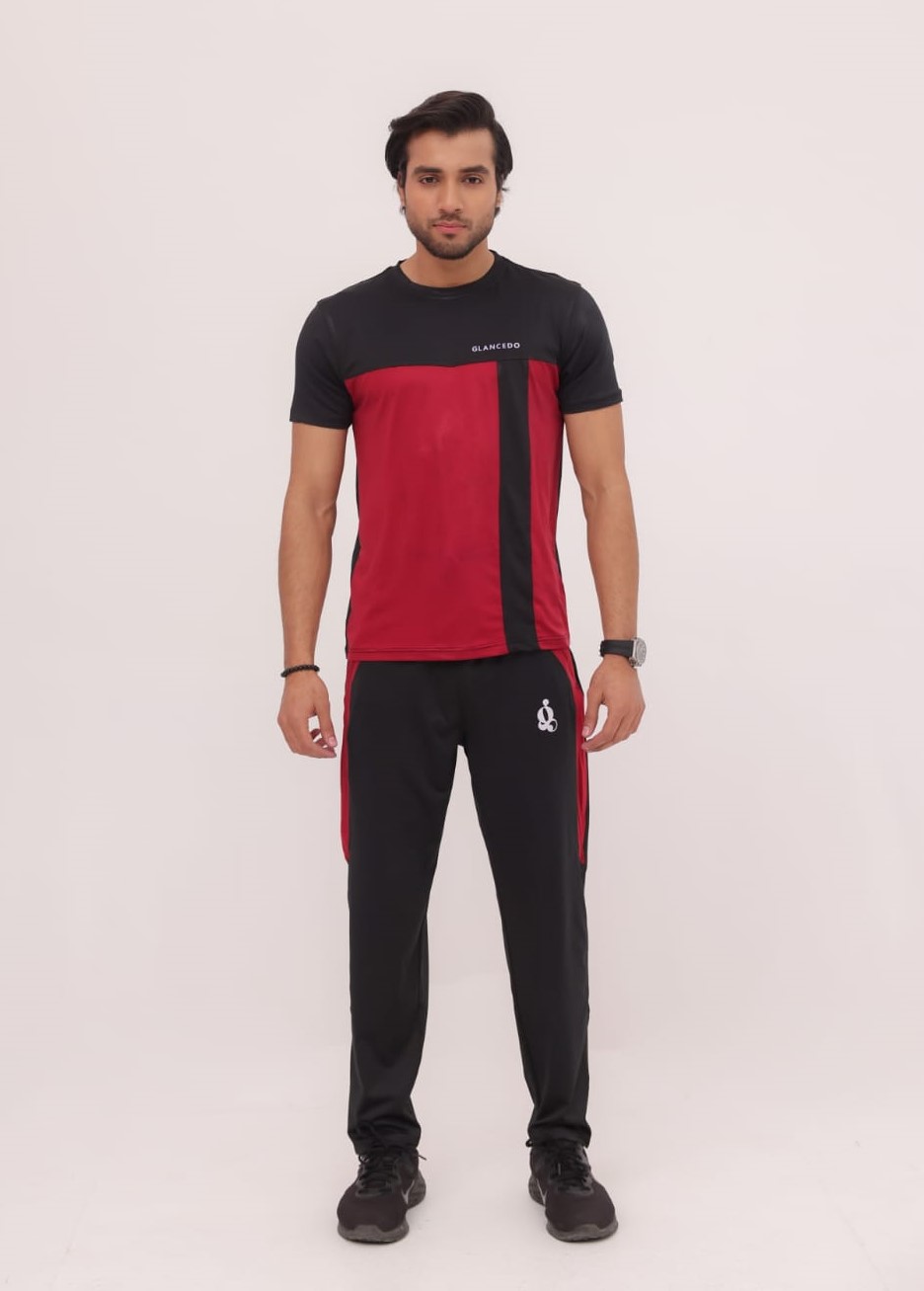 GL-10018 Black Maroon Stretchable Dri fit Tracksuit
